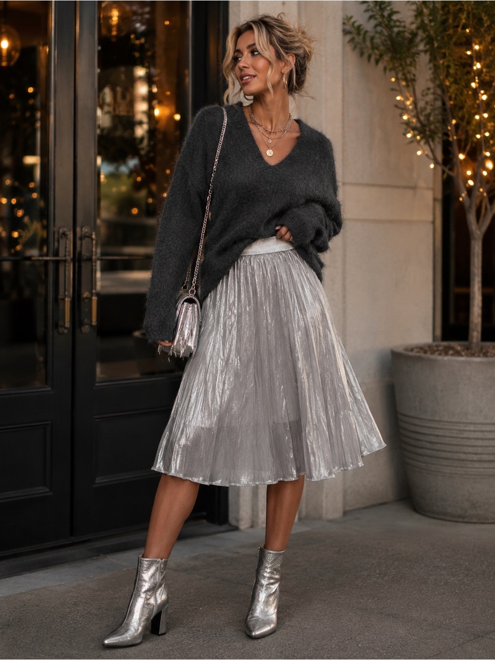 NWT Women’s Shimmery Pleated Midi Skirt in Silver - 206-208
